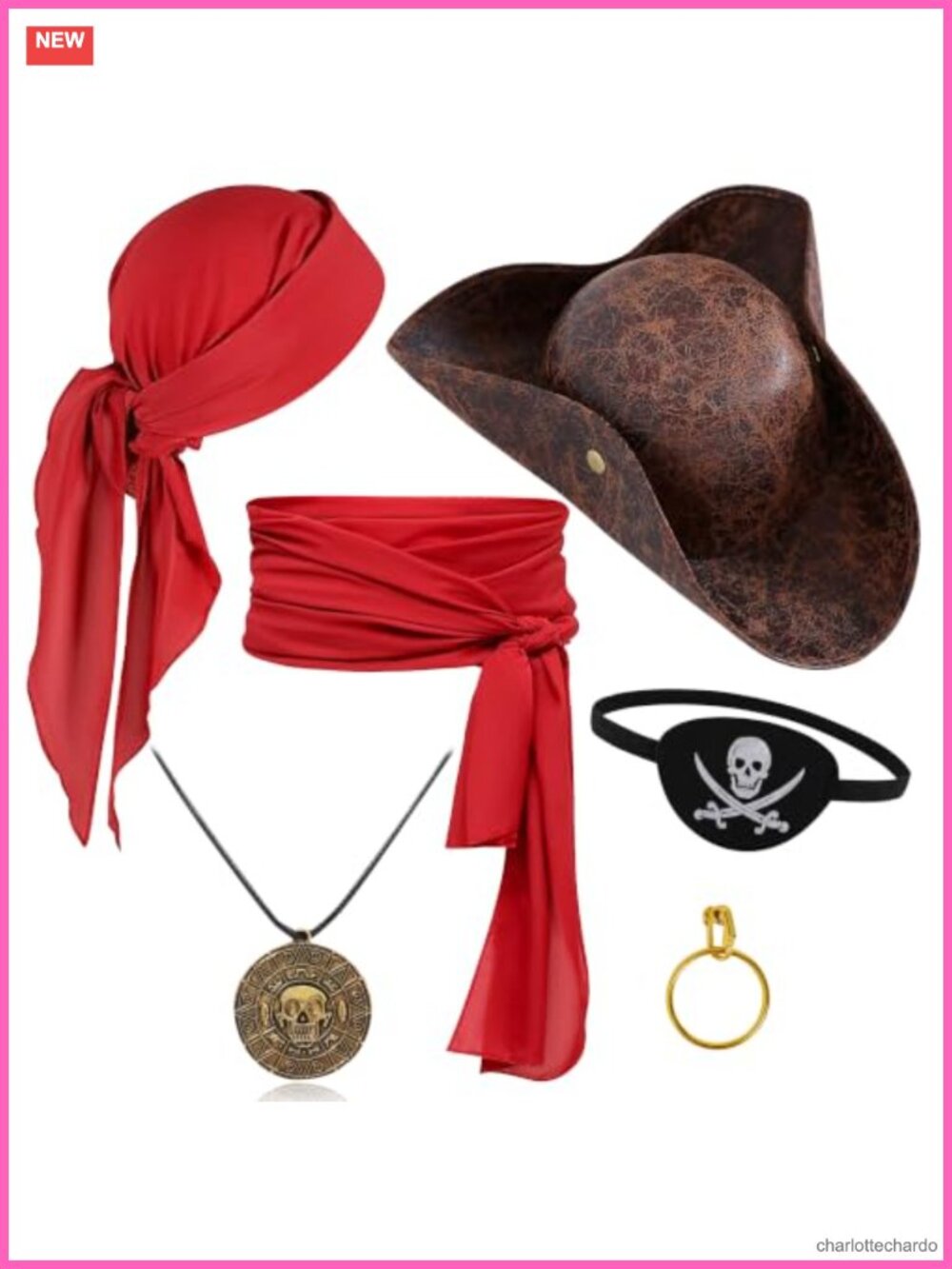 Pirate Costume Accessories Set Faux Leather Tricorn Hat Bandana Sash Adult